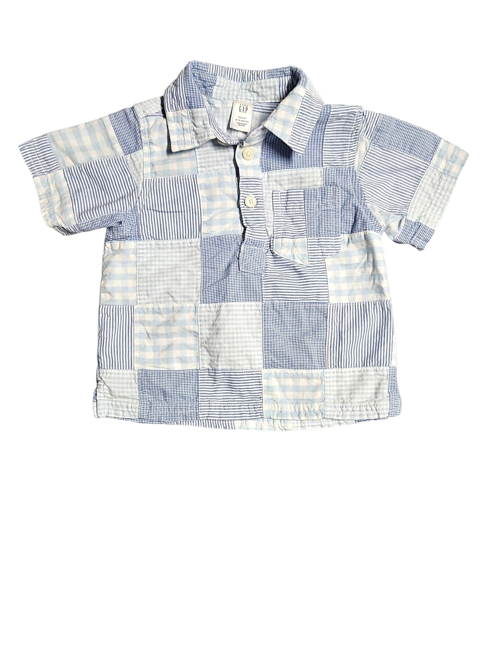 GAP Blue & White Patchwork Button-Front Shirt Baby 6-12 Months With Front Pocket